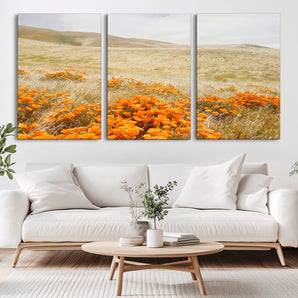 28972262-MGV-CV-36X24-Golden Wildflowers Wall Art Canvas Print, Framed Hills Bloom Art Picture Print, Poppy Meadow Perfect Rustic Nature Decor Artwork