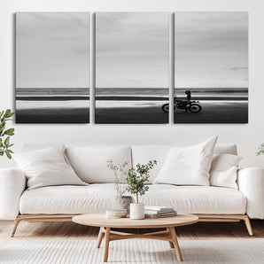 84739358-MGV-CV-36X24-Motorcycle Beach Wall Art Canvas Print, Framed Vintage Motorcycle Art Picture Print, Biker Silhouette Perfect Minimalist Adventure