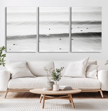 54291445-MGV-CV-36X24-Black White Ocean Wall Art Canvas Print, Framed Coastal Sport Art Picture Print, Ocean Culture Perfect Minimalist Coastal Decor