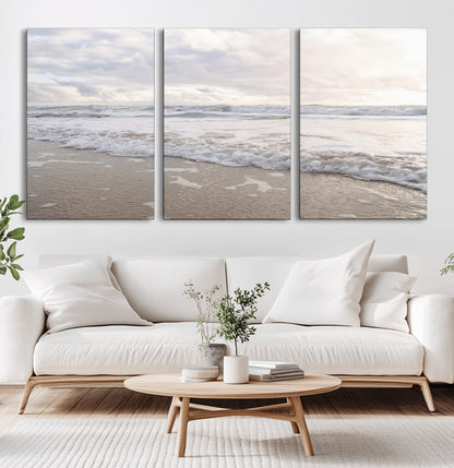70596264-MGV-CV-60X30-3P-Ocean Waves Wall Art Canvas Print, Framed Coastal Shoreline Art Picture Print, Sea Foam Perfect Coastal Minimalist Decor Artwork