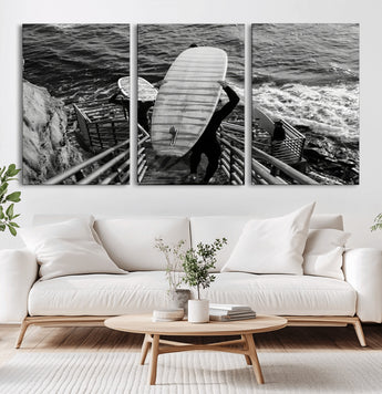 32353707-MGV-CV-60X30-3P-Black White Surfing Wall Art Canvas Print, Framed Coastal Surfing Art Picture Print, Wave Riders Perfect Coastal Adventure Decor