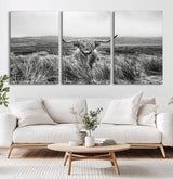 24051061-MGV-CV-60X30-3P-Monochrome Highland Cow Wall Art Canvas Print, Framed Scottish Bull Art Picture Print, Lone Cattle Perfect Rustic Farmhouse Decor