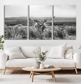 24051061-MGV-CV-60X30-3P-Monochrome Highland Cow Wall Art Canvas Print, Framed Scottish Bull Art Picture Print, Lone Cattle Perfect Rustic Farmhouse Decor