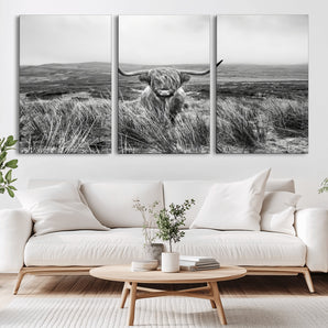 24051061-MGV-CV-36X24-Monochrome Highland Cow Wall Art Canvas Print, Framed Scottish Bull Art Picture Print, Lone Cattle Perfect Rustic Farmhouse Decor