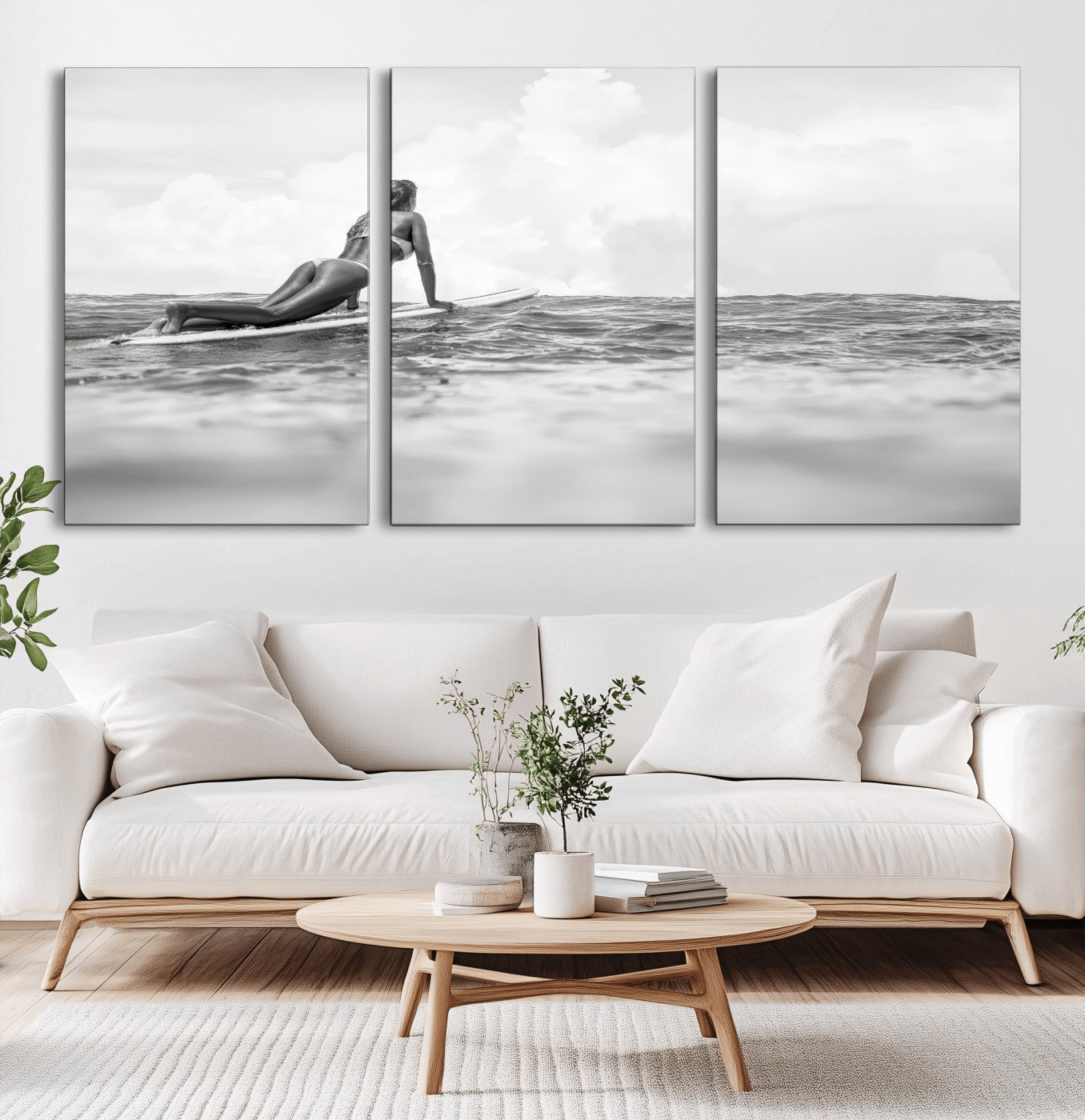 69798068-MGV-CV-60X30-3P-Black White Surfing Wall Art Canvas Print, Framed Ocean Horizon Art Picture Print, Surfer Girl Perfect Coastal Adventure Decor