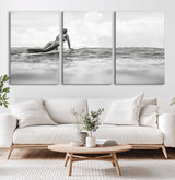 69798068-MGV-CV-60X30-3P-Black White Surfing Wall Art Canvas Print, Framed Ocean Horizon Art Picture Print, Surfer Girl Perfect Coastal Adventure Decor