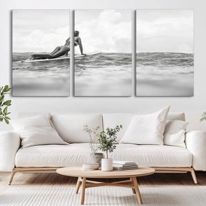 69798068-MGV-CV-36X24-Black White Surfing Wall Art Canvas Print, Framed Ocean Horizon Art Picture Print, Surfer Girl Perfect Coastal Adventure Decor