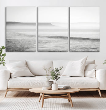 60635783-MGV-CV-60X30-3P-Black White Seascape Wall Art Canvas Print, Framed Ocean Waves Art Picture Print, Misty Coastal Perfect Minimalist Coastal Decor