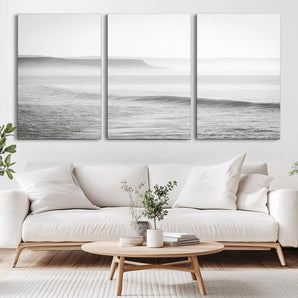 60635783-MGV-CV-36X24-Black White Seascape Wall Art Canvas Print, Framed Ocean Waves Art Picture Print, Misty Coastal Perfect Minimalist Coastal Decor