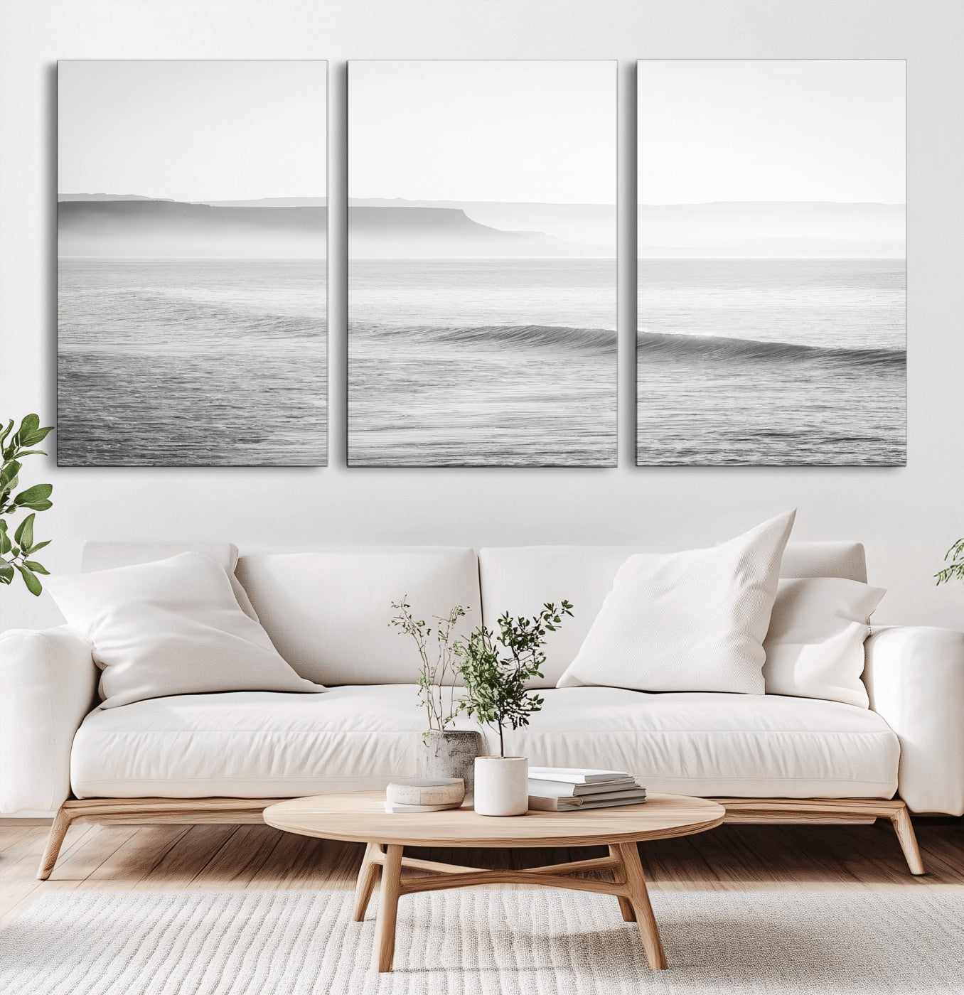 60635783-MGV-CV-36X24-Black White Seascape Wall Art Canvas Print, Framed Ocean Waves Art Picture Print, Misty Coastal Perfect Minimalist Coastal Decor