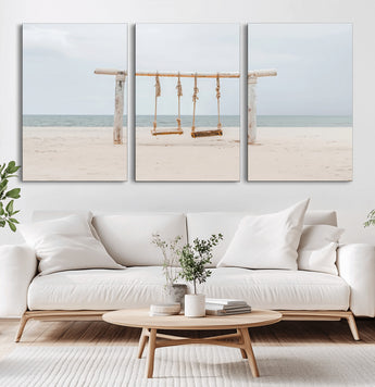 68327283-MGV-CV-60X30-3P-Beach Swing Wall Art Canvas Print, Framed Quiet Beach Art Picture Print, Calm Shoreline Perfect Bohemian Coastal Decor Artwork