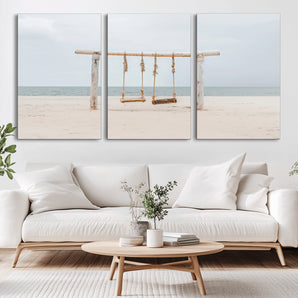 68327283-MGV-CV-36X24-Beach Swing Wall Art Canvas Print, Framed Quiet Beach Art Picture Print, Calm Shoreline Perfect Bohemian Coastal Decor Artwork