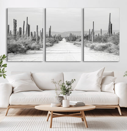 35537313-MGV-CV-60X30-3P-Monochrome Desert Wall Art Canvas Print, Framed Cactus Path Art Picture Print, Southwestern Landscape Perfect Southwestern