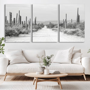 35537313-MGV-CV-36X24-Monochrome Desert Wall Art Canvas Print, Framed Cactus Path Art Picture Print, Southwestern Landscape Perfect Southwestern