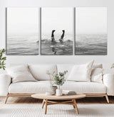 26667396-MGV-CV-60X30-3P-Black White Ocean Wall Art Canvas Print, Framed Monochrome Water Art Picture Print, Diving into Water Perfect Minimalist Aquatic