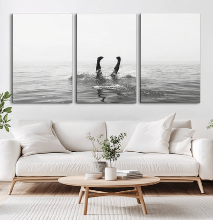 26667396-MGV-CV-60X30-3P-Black White Ocean Wall Art Canvas Print, Framed Monochrome Water Art Picture Print, Diving into Water Perfect Minimalist Aquatic