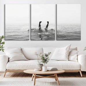 26667396-MGV-CV-36X24-Black White Ocean Wall Art Canvas Print, Framed Monochrome Water Art Picture Print, Diving into Water Perfect Minimalist Aquatic