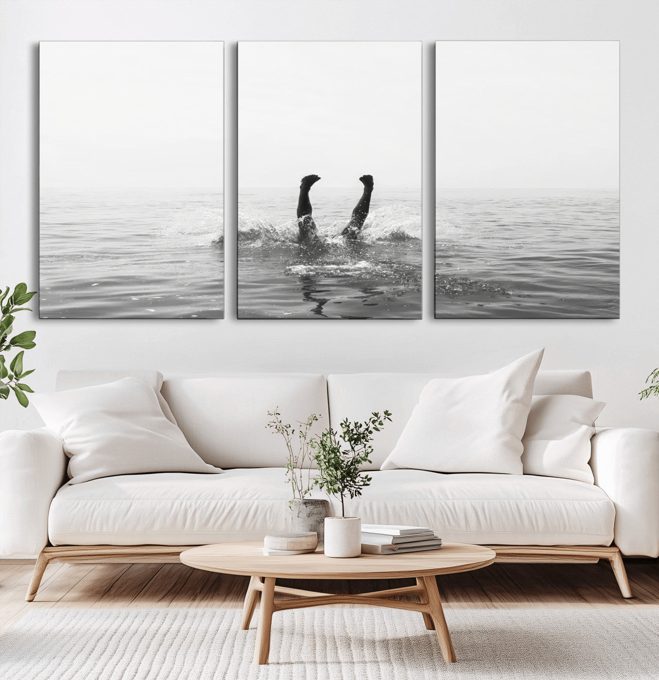 26667396-MGV-CV-36X24-Black White Ocean Wall Art Canvas Print, Framed Monochrome Water Art Picture Print, Diving into Water Perfect Minimalist Aquatic