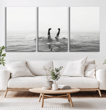 26667396-MGV-CV-36X24-Black White Ocean Wall Art Canvas Print, Framed Monochrome Water Art Picture Print, Diving into Water Perfect Minimalist Aquatic