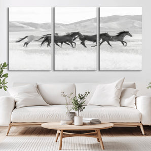 69934913-MGV-CV-36X24-Wild Horses Running Wall Art Canvas Print, Framed Black White Mustangs Art Picture Print, Rustic Western Perfect Rustic Western