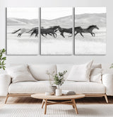 69934913-MGV-CV-36X24-Wild Horses Running Wall Art Canvas Print, Framed Black White Mustangs Art Picture Print, Rustic Western Perfect Rustic Western