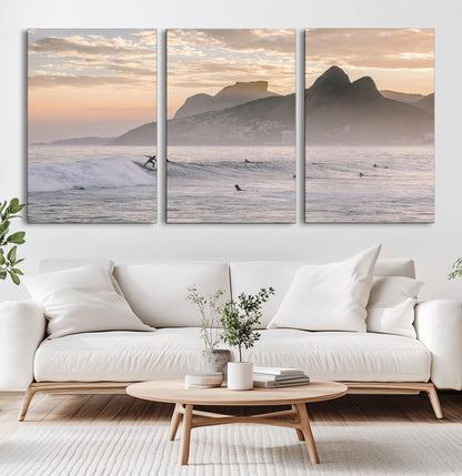 70644906-MGV-CV-60X30-3P-Sunset Surfing Wall Art Canvas Print, Framed Misty Mountains Art Picture Print, Surfer Riding Wave Perfect Coastal Adventure Decor