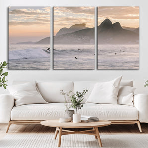70644906-MGV-CV-36X24-Sunset Surfing Wall Art Canvas Print, Framed Misty Mountains Art Picture Print, Surfer Riding Wave Perfect Coastal Adventure Decor