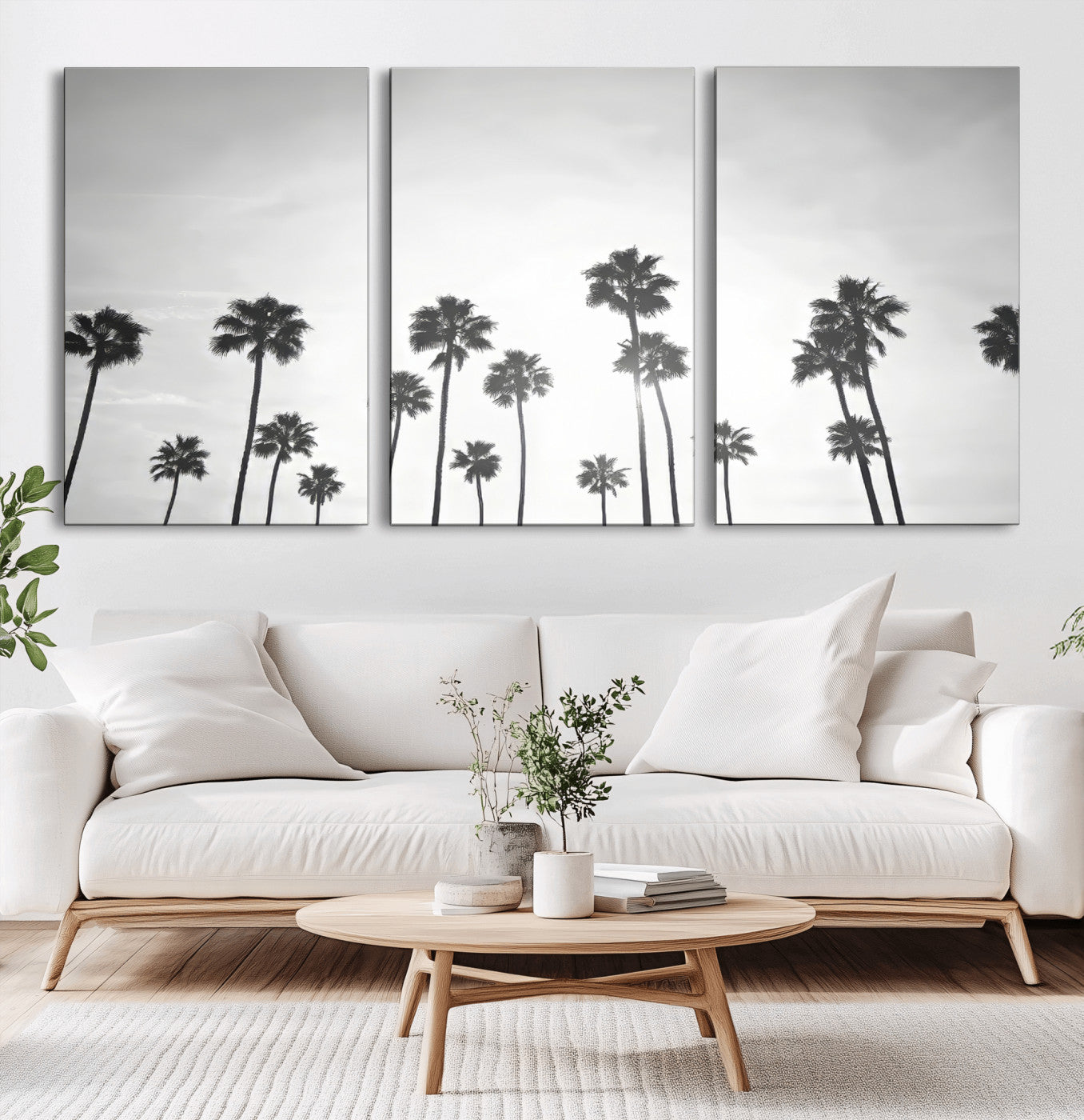 62298277-MGV-CV-60X30-3P-Monochrome Palms Wall Art Canvas Print, Framed Minimalist Trees Art Picture Print, Silhouetted Palms Perfect Tropical Minimalist
