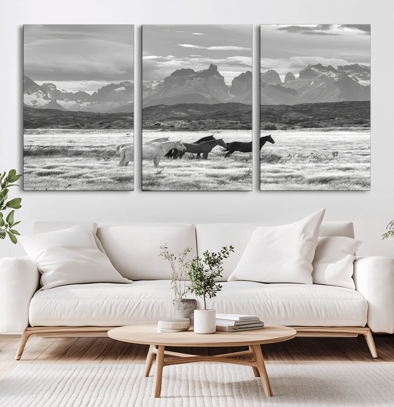 21655040-MGV-CV-36X24-Wild Horses Wall Art Canvas Print, Framed Black White Mountains Art Picture Print, Rustic Countryside Perfect Rustic Western Decor