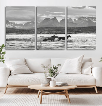 21655040-MGV-CV-36X24-Wild Horses Wall Art Canvas Print, Framed Black White Mountains Art Picture Print, Rustic Countryside Perfect Rustic Western Decor