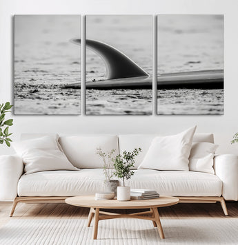 62314230-MGV-CV-36X24-Black White Surfboard Wall Art Canvas Print, Framed Minimalist Beach Art Picture Print, Surf Fin Perfect Minimalist Coastal Decor