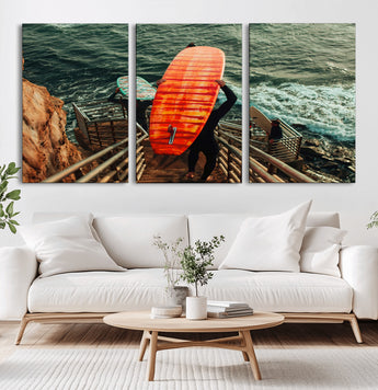 84555848-MGV-CV-60X30-3P-Surfer Stairway Wall Art Canvas Print, Framed Ocean Surf Art Picture Print, Sunset Coastal Perfect Coastal Adventure Decor Artwork