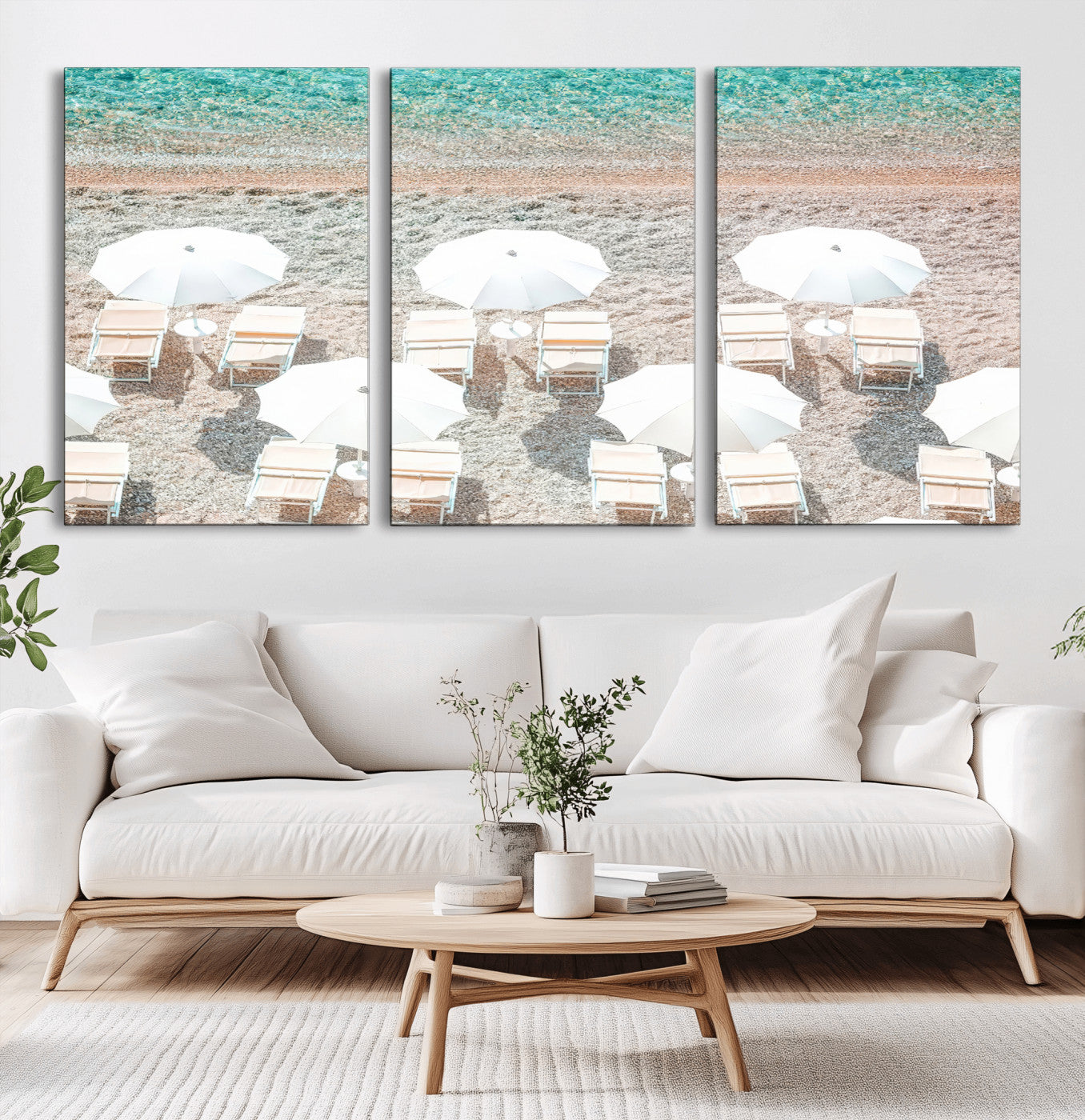 83736167-MGV-CV-60X30-3P-Calm Beach Wall Art Canvas Print, Framed Turquoise Water Art Picture Print, Umbrella Shoreline Perfect Coastal Minimalist Decor