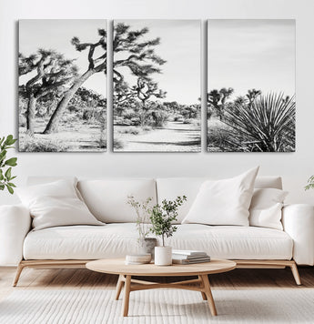 88164251-MGV-CV-60X30-3P-Joshua Tree Wall Art Canvas Print, Framed Desert Path Art Picture Print, Monochrome Desert Perfect Minimalist Desert Decor Artwork