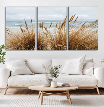 14270839-MGV-CV-60X30-3P-Beach Grass Wall Art Canvas Print, Framed Coastal Dunes Art Picture Print, Dune Grass Perfect Coastal Minimalist Decor Artwork