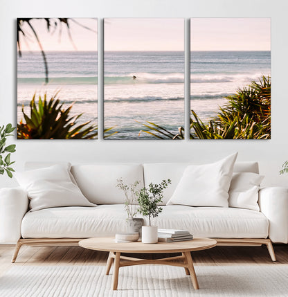 23287092-MGV-CV-60X30-3P-Ocean Surfer Wall Art Canvas Print, Framed Coastal Surf Art Picture Print, Tropical Beach Perfect Tropical Coastal Decor Artwork