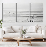 33821421-MGV-CV-60X30-3P-Surfer Silhouette Wall Art Canvas Print, Framed Calm Ocean Art Picture Print, Monochrome Surf Perfect Minimalist Coastal Decor