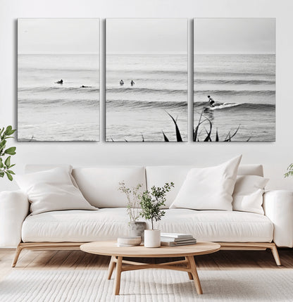 33821421-MGV-CV-60X30-3P-Surfer Silhouette Wall Art Canvas Print, Framed Calm Ocean Art Picture Print, Monochrome Surf Perfect Minimalist Coastal Decor