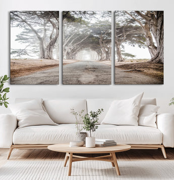 87090469-MGV-CV-60X30-3P-Cypress Tunnel Wall Art Canvas Print, Framed Misty Road Art Picture Print, Foggy Trees Perfect Rustic Woodland Decor Artwork