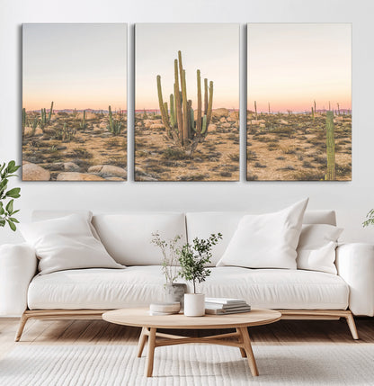 76234974-MGV-CV-60X30-3P-Desert Cactus Wall Art Canvas Print, Framed Baja Desert Art Picture Print, Pastel Desert Perfect Southwestern Boho Decor Artwork
