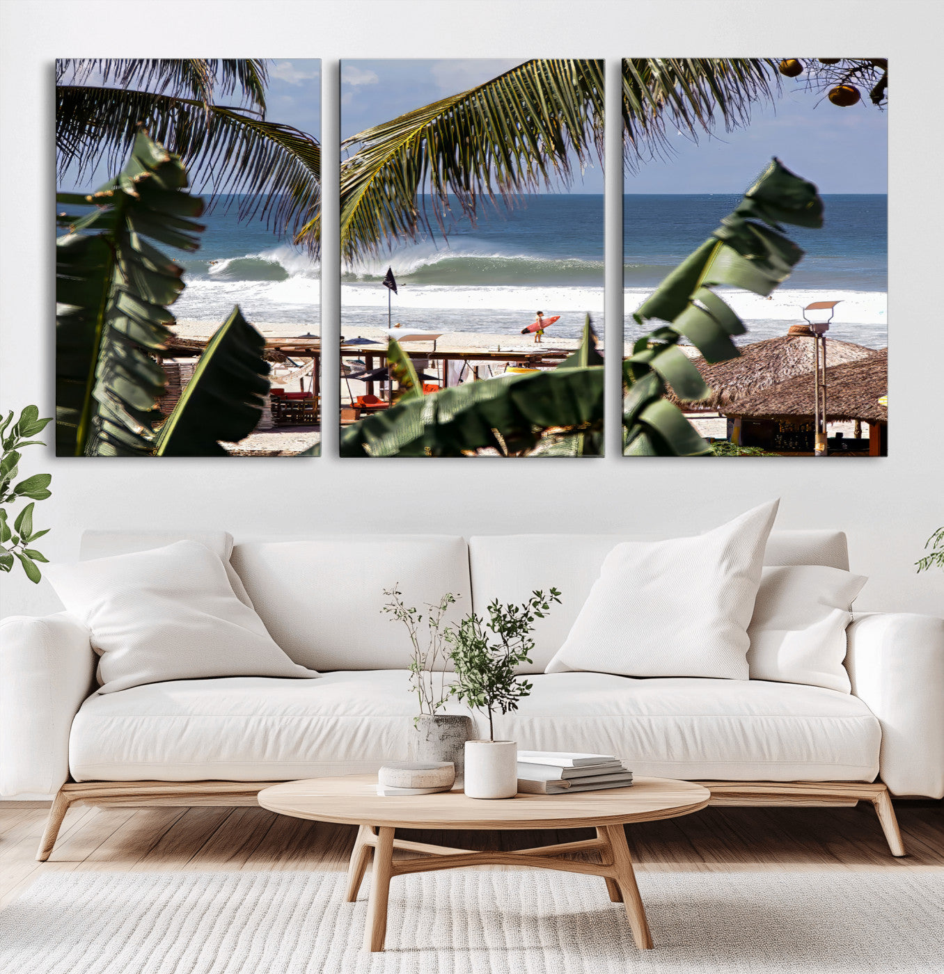 34722557-MGV-CV-60X30-3P-Tropical Shoreline Wall Art Canvas Print, Framed Surfer Beach Art Picture Print, Coastal Surf Perfect Tropical Coastal Decor