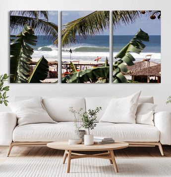 34722557-MGV-CV-60X30-3P-Tropical Shoreline Wall Art Canvas Print, Framed Surfer Beach Art Picture Print, Coastal Surf Perfect Tropical Coastal Decor