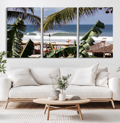34722557-MGV-CV-60X30-3P-Tropical Shoreline Wall Art Canvas Print, Framed Surfer Beach Art Picture Print, Coastal Surf Perfect Tropical Coastal Decor