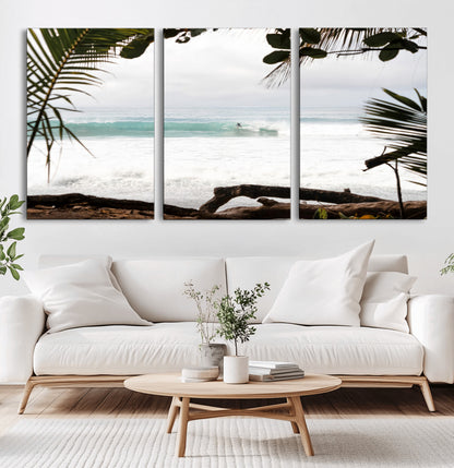 50382104-MGV-CV-60X30-3P-Tropical Surf Wall Art Canvas Print, Framed Palm Tree View Art Picture Print, Beach House Art Perfect Boho Coastal Decor Artwork
