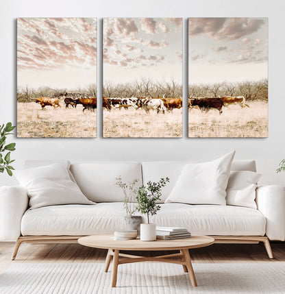 64892775-MGV-CV-36X24-Longhorn Cattle Wall Art Canvas Print, Framed Texas Ranch Art Picture Print, Western Cow Perfect Western Decor Artwork