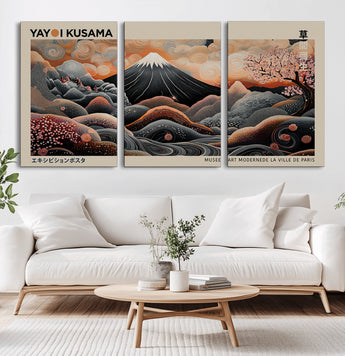 55739266-MGV-CV-36X24-Japanese Wall Art Print – Abstract Yayoi Kusama Inspired Dotted Landscape Poster, Surreal Oriental Mountain and Cherry Blossom