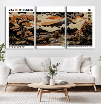 96372548-MGV-CV-36X24-Japanese Landscape Wall Art Print – Mt. Fuji Poster with Bonsai Tree & River, Ukiyo-e Inspired Modern Japanese Artwork, Autumn
