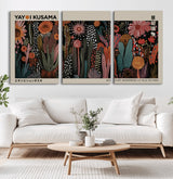 28344895-MGV-CV-36X24-Dark Floral Abstract Wall Art Poster – Modern Botanical Canvas Print with Beige Border, Kusama Inspired Boho Flower Painting,