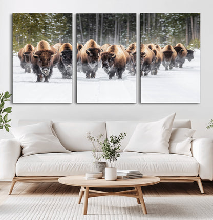 22695857-MGV-CV-60X30-3P-Bison Herd Scene Wall Art Canvas Print, Framed Western Wildlife Art Picture Print, Rustic Animal Art Perfect Rustic Lodge Decor