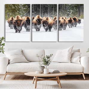 22695857-MGV-CV-36X24-Bison Herd Scene Wall Art Canvas Print, Framed Western Wildlife Art Picture Print, Rustic Animal Art Perfect Rustic Lodge Decor